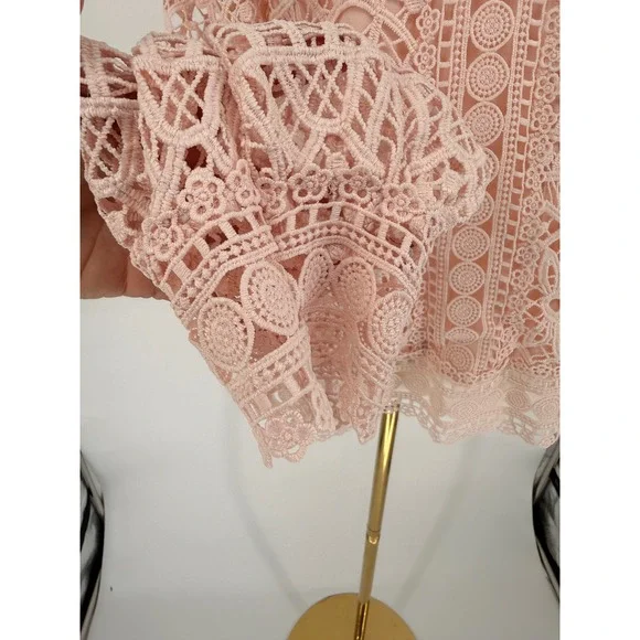 Ultra Pink Lace Sheer Blouse Long Sleeve Round‎ Neck Women's Size M - Picture 5 of 7